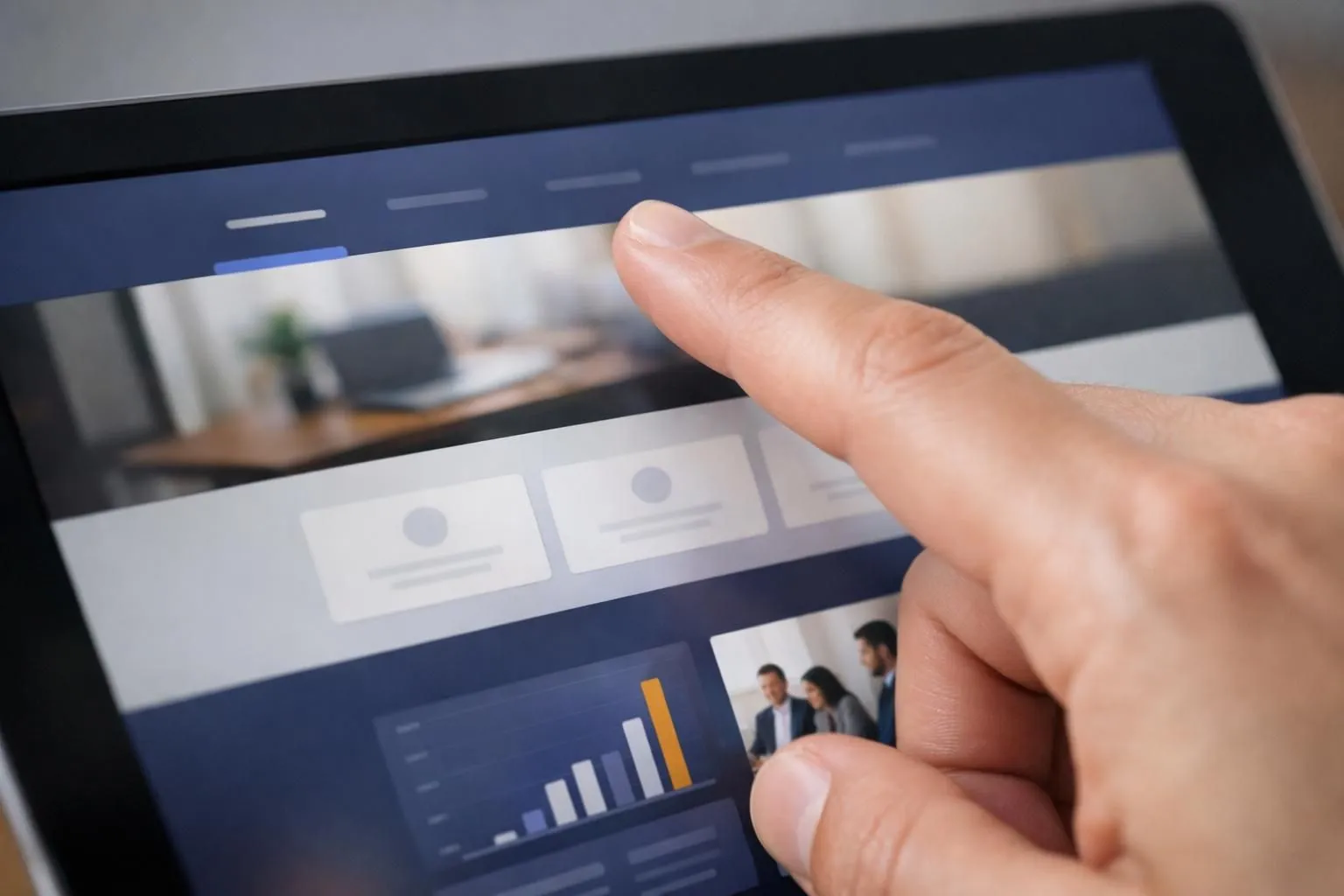 Close-up of navigation menu with anchor links on modern website interface, finger scrolling on touchscreen, smooth user experience showing section transitions on one page layout