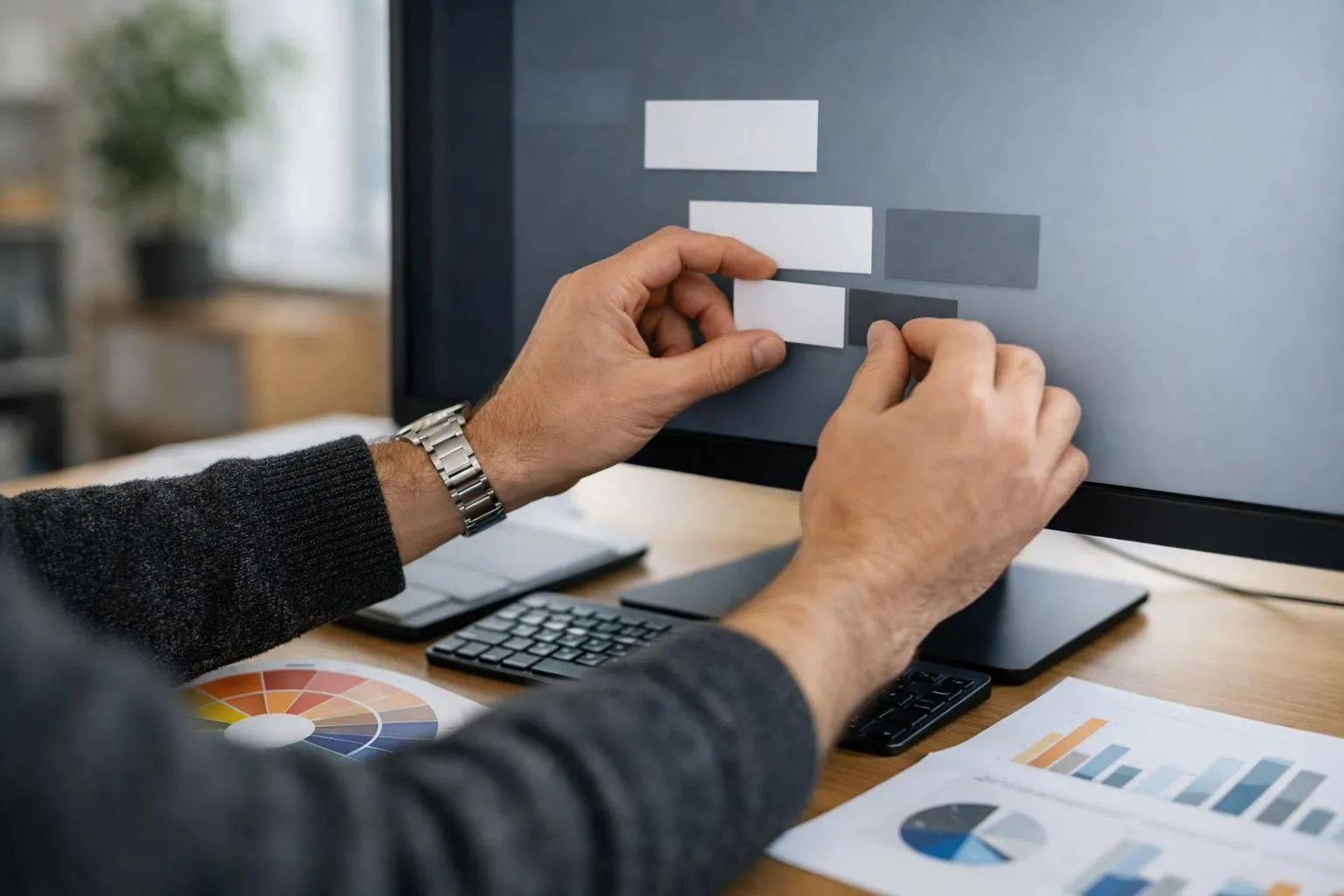 Professional designer working on infographic layout at computer desk with color swatches and printed data sheets, modern Swiss office environment with organized workspace, focused hands adjusting visual hierarchy on screen showing data visualization elements