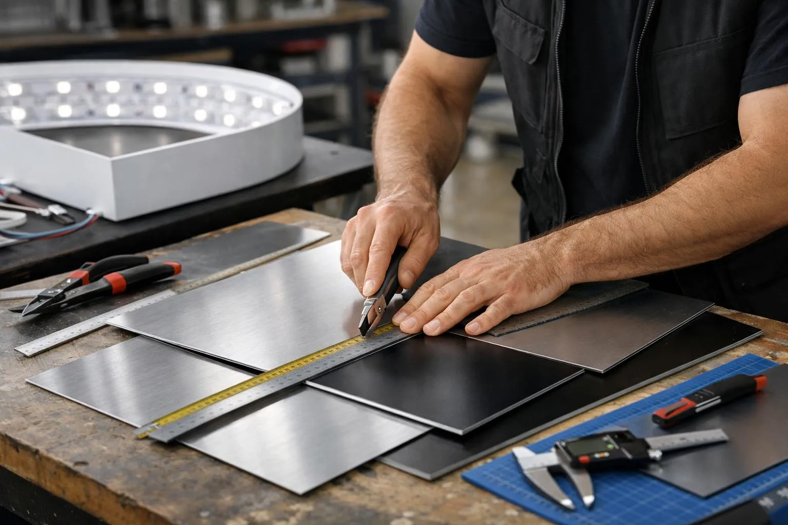 Close-up of a craftsperson measuring and cutting sheets of brushed aluminum and dibond materials on a professional workbench in a sign manufacturing workshop, with a partially assembled LED light panel and precision tools visible, workshop environment with natural lighting, no text or labels