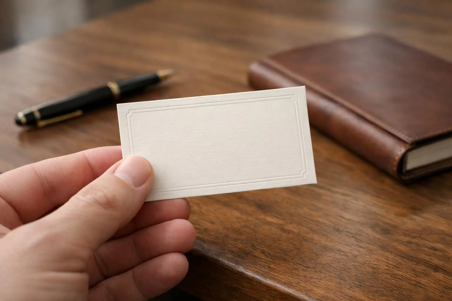 Gros plan sur une main tenant une carte de visite imprimée en relief avec typographie Garamond, posée sur un bureau en bois massif avec stylo plume et carnet en cuir, éclairage naturel doux, ambiance cabinet professionnel élégant