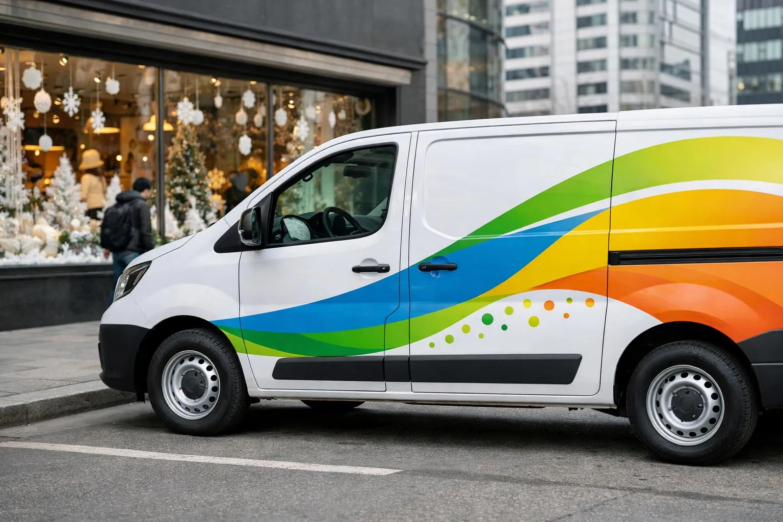 A professional delivery van wrapped with colorful vinyl graphics and company branding parked in front of a storefront with window decals displaying business services, showing real-world vehicle and window advertising in an urban Swiss business district, photographed in natural daylight with people walking past in the background