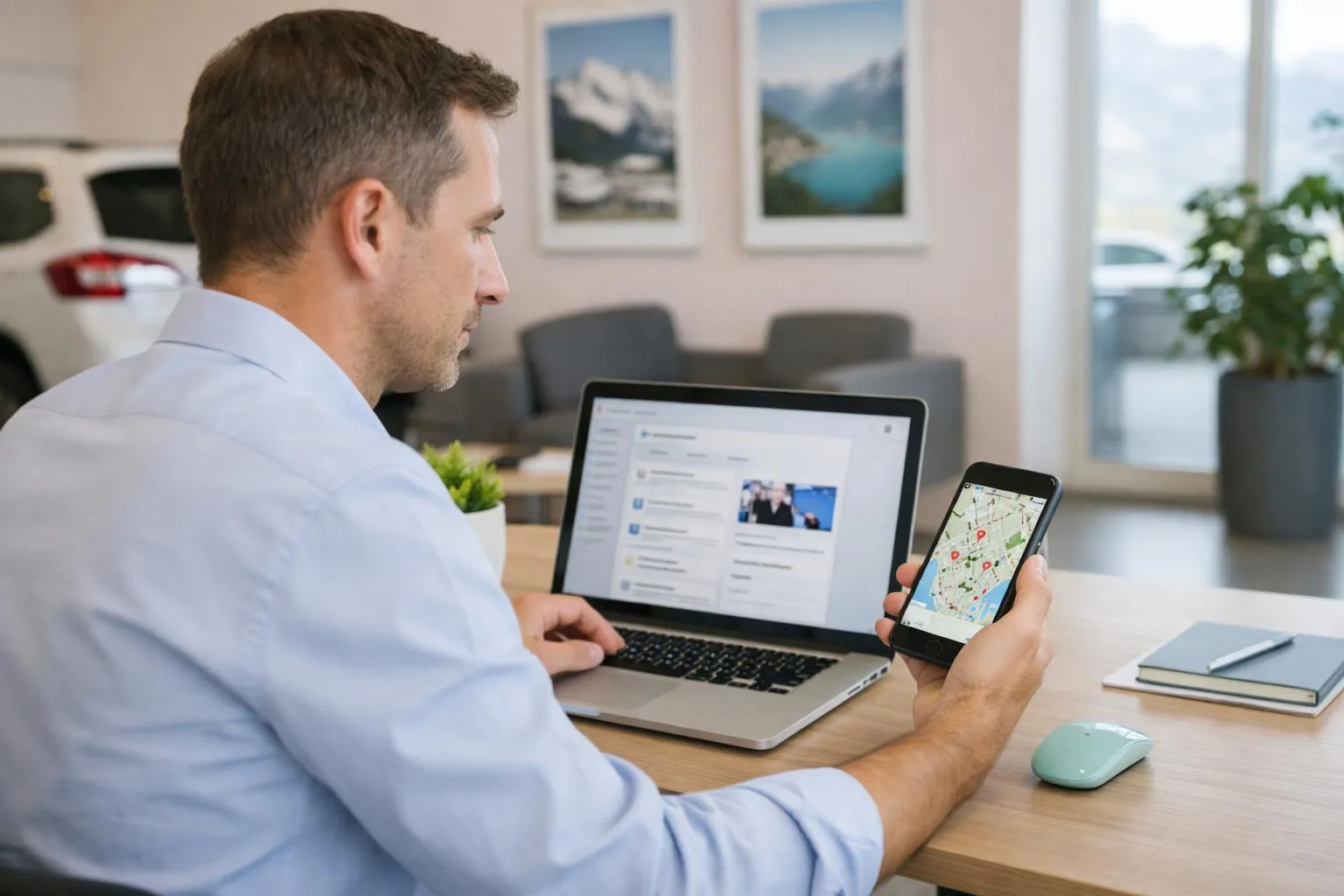 Homme d'affaires travaillant sur ordinateur portable et smartphone au bureau.