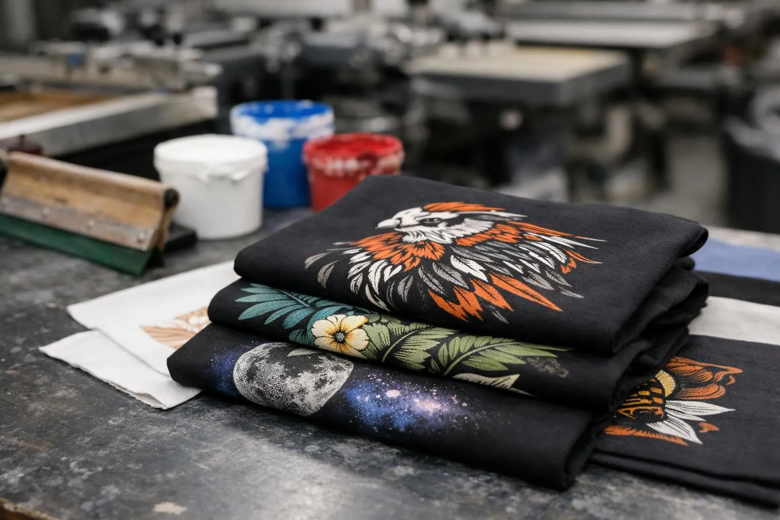 Professional screen printing workshop showing comparison between budget and premium inks with visible quality difference on textile samples, industrial setting with equipment in background, realistic photography without any text or labels