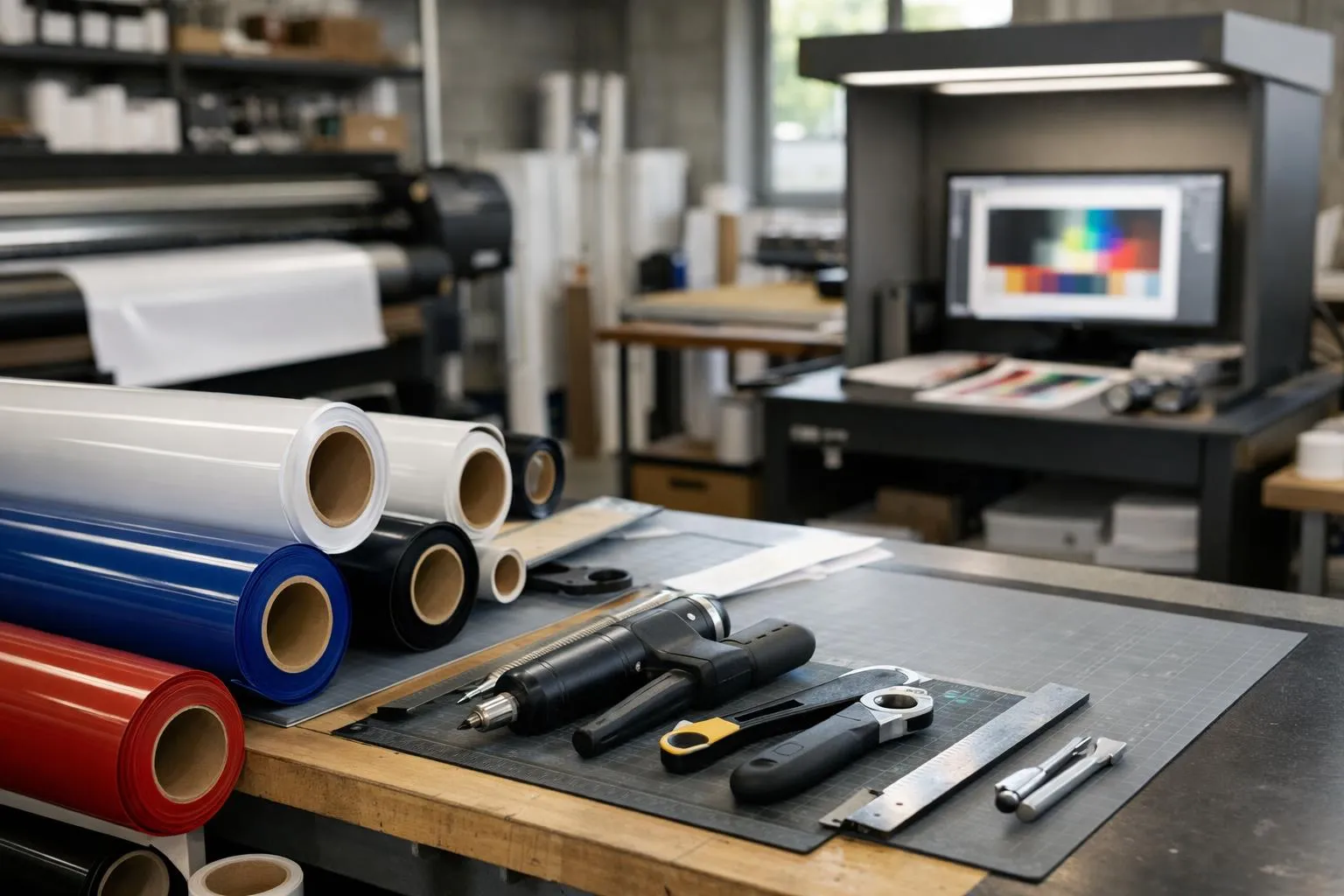 Professional printing facility workspace showing banner production equipment with rolled vinyl materials and finishing tools, industrial environment with workers inspecting large-format event banners, quality control station with color proofing equipment, Swiss printing industry setting with clean modern workspace, focus on production transparency and professional craftsmanship, realistic lighting and authentic manufacturing atmosphere