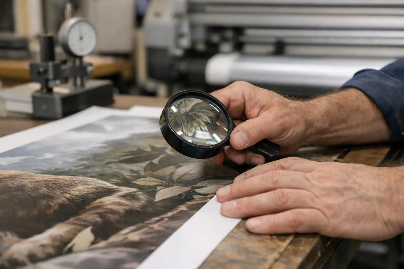 Gros plan des mains d'un homme examinant attentivement un motif floral imprimé.