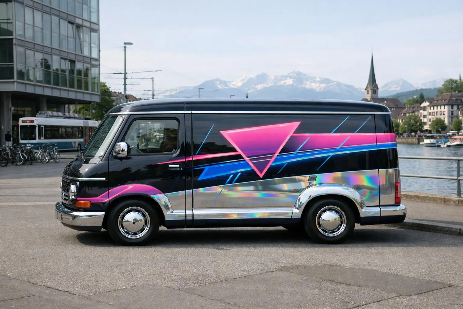 Van noir avec motifs géométriques colorés.