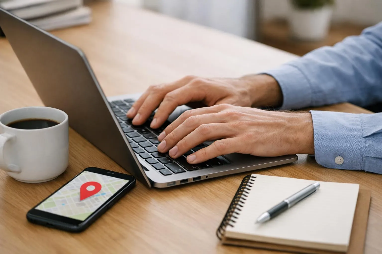 Mains d'un homme tapant sur un ordinateur portable avec un smartphone et un bloc-notes à proximité.