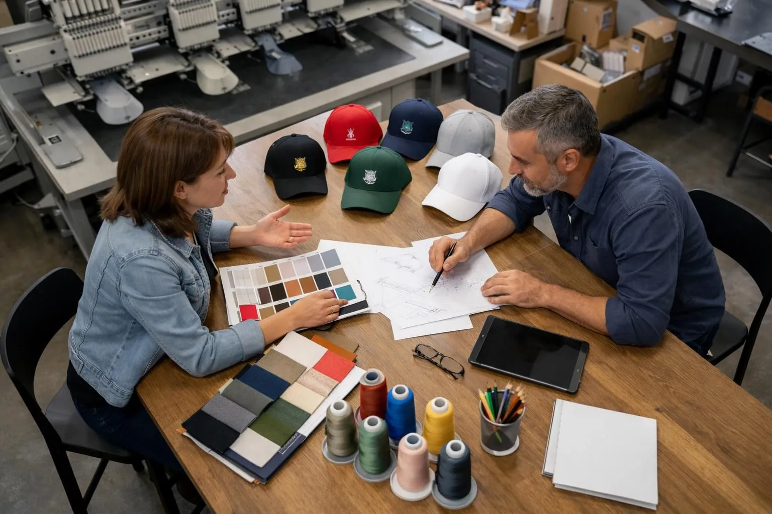 Professional business meeting in modern Swiss workshop showing client and consultant reviewing embroidered cap samples and fabric swatches spread on wooden table, natural lighting, realistic photo style