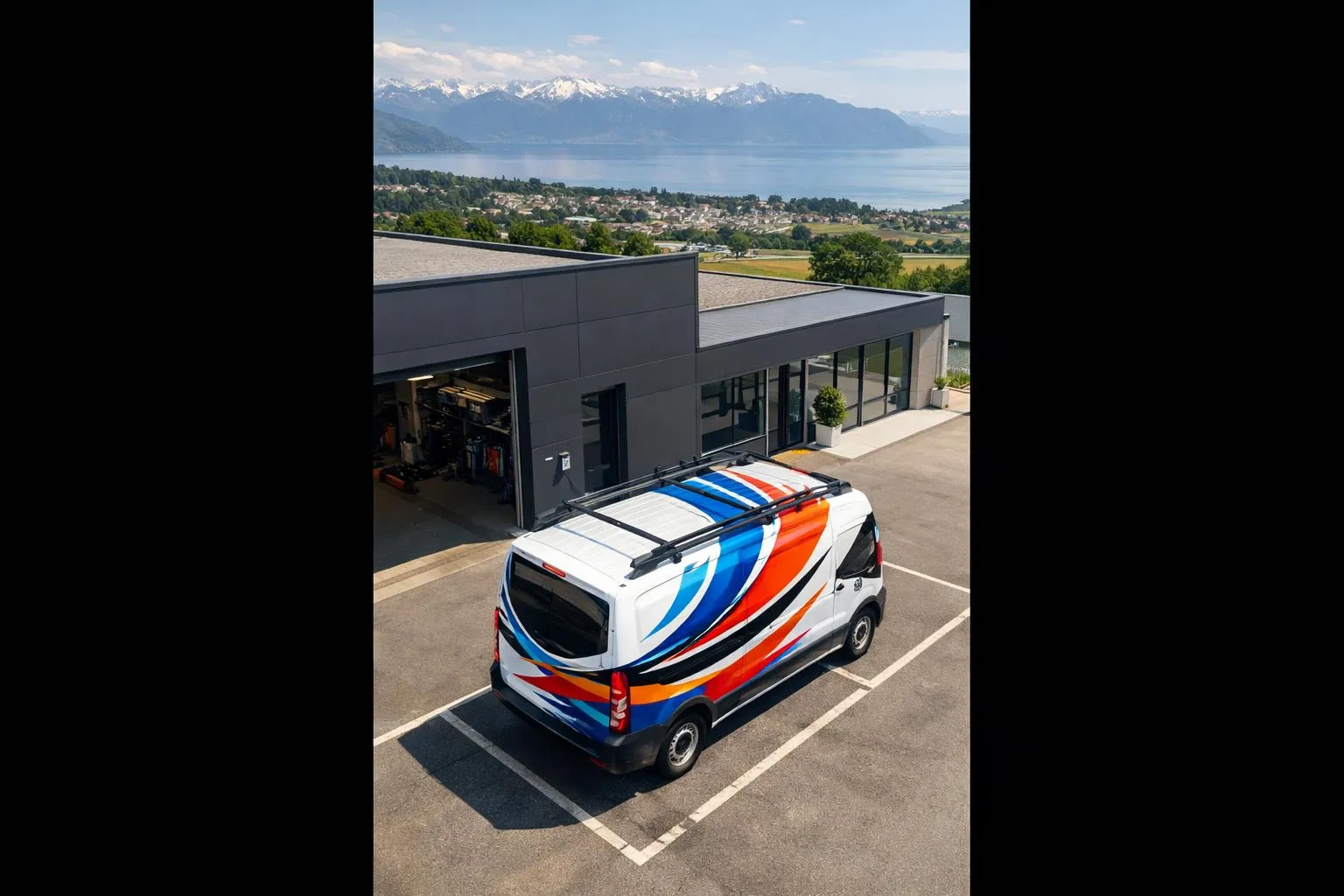 Professional van with branded vinyl graphics parked outside a modern workshop in Crissier, Switzerland, with Lake Geneva and the Alps visible in the background, photographed during daytime with clear lighting showing the quality of vehicle lettering work