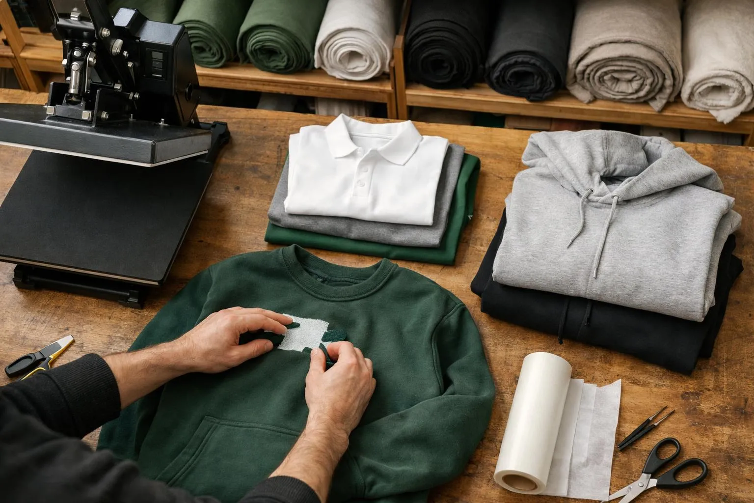 Professional textile personalization workshop in Vaud with heat press equipment, folded branded polo shirts and hoodies on wooden workbench, warm lighting highlighting quality fabrics, worker hands checking flock transfer quality, modern industrial setting with organized textile rolls in background, Swiss canton atmosphere