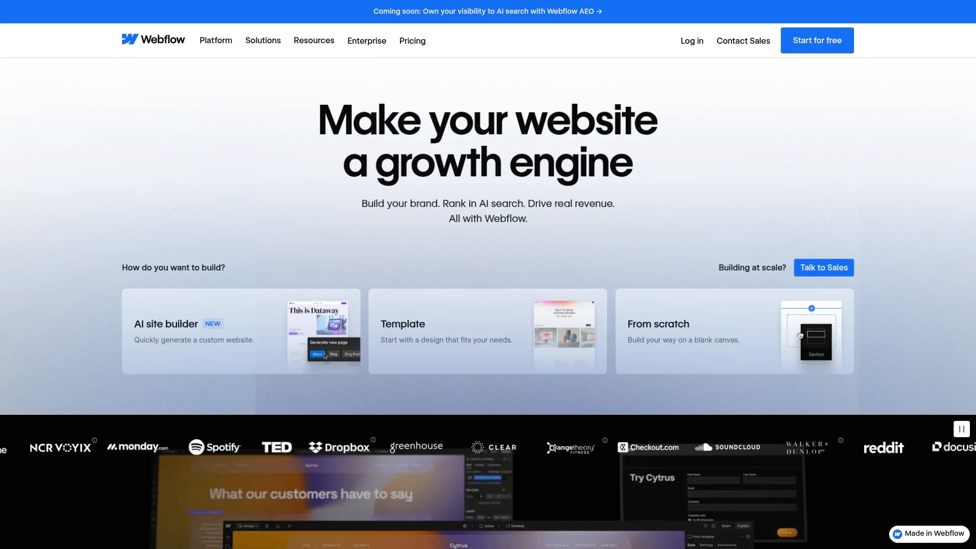 Site web Webflow présentant des options de création de site web.