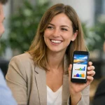 Femme utilisant smartphone pour communication visuelle innovante au travail