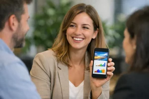 Femme utilisant smartphone pour communication visuelle innovante au travail