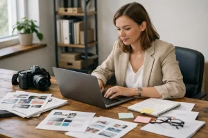 Audit communication visuelle gratuit - Femme analysant supports visuels
