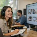 Femme souriante au casque audio, prenant des notes près d'un écran affichant une présentation sur les services d'agence de co