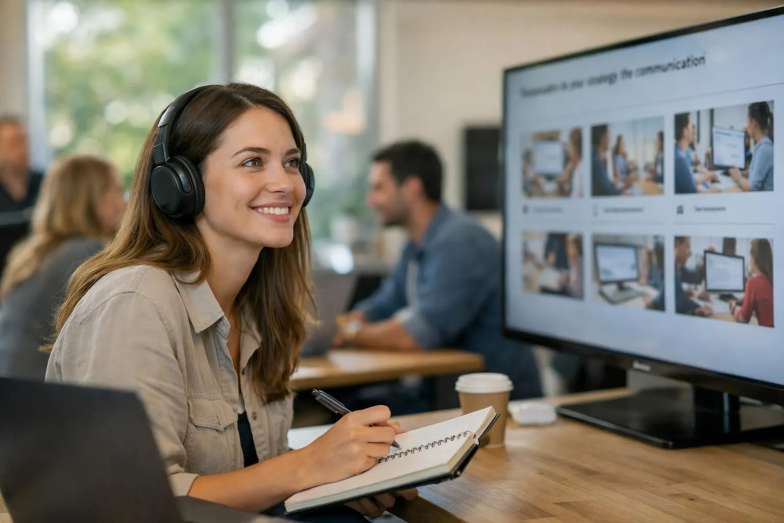 Femme souriante au casque audio, prenant des notes près d'un écran affichant une présentation sur les services d'agence de co