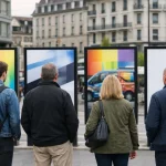 Quatre personnes regardent des panneaux publicitaires d'entreprises de marquage à Lausanne, illustrant la diversité des optio