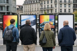Quatre personnes regardent des panneaux publicitaires d'entreprises de marquage à Lausanne, illustrant la diversité des optio