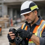 Ouvrier bâtiment avec covering partiel utilitaire sur casque sécurité