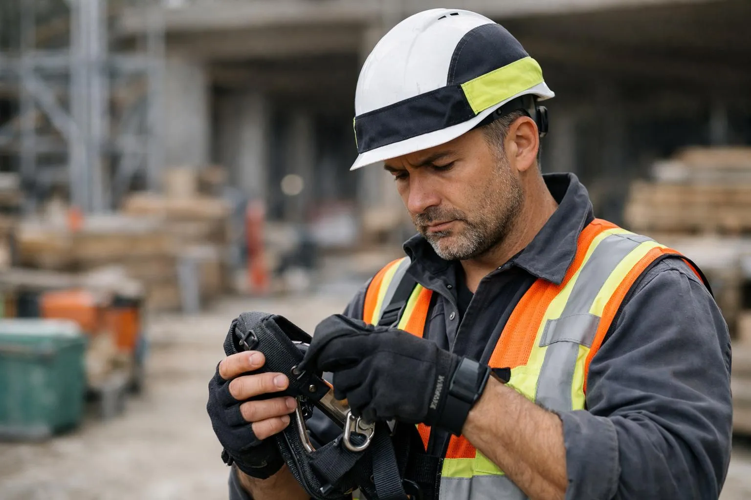 Ouvrier bâtiment avec covering partiel utilitaire sur casque sécurité