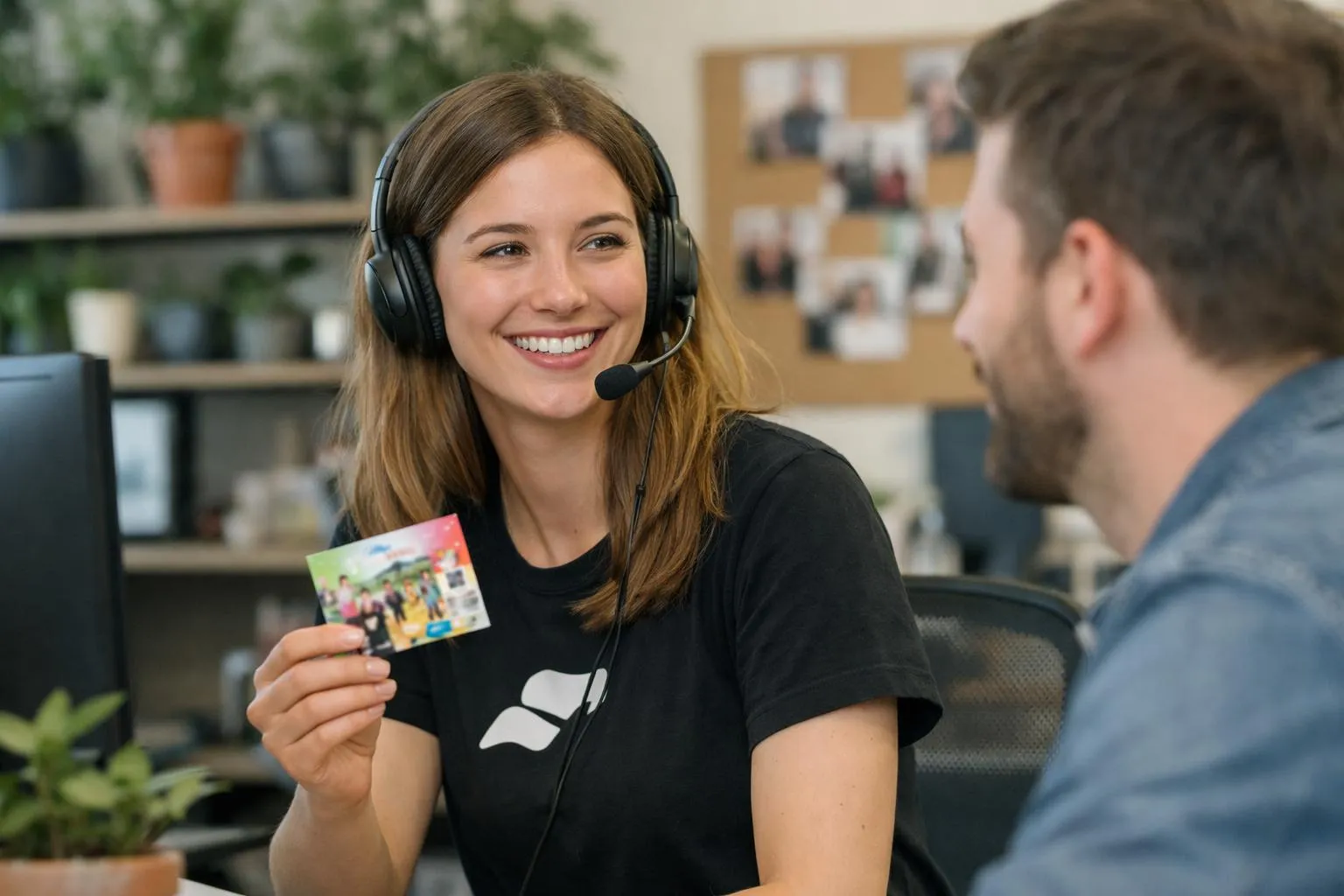 Femme souriante tenant un flyer coloré dans un bureau moderne, impression petit format entreprise.