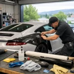 "Technicien appliquant film adhésif sur voiture à Lausanne, atelier spécialisé"