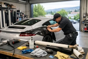 "Technicien appliquant film adhésif sur voiture à Lausanne, atelier spécialisé"