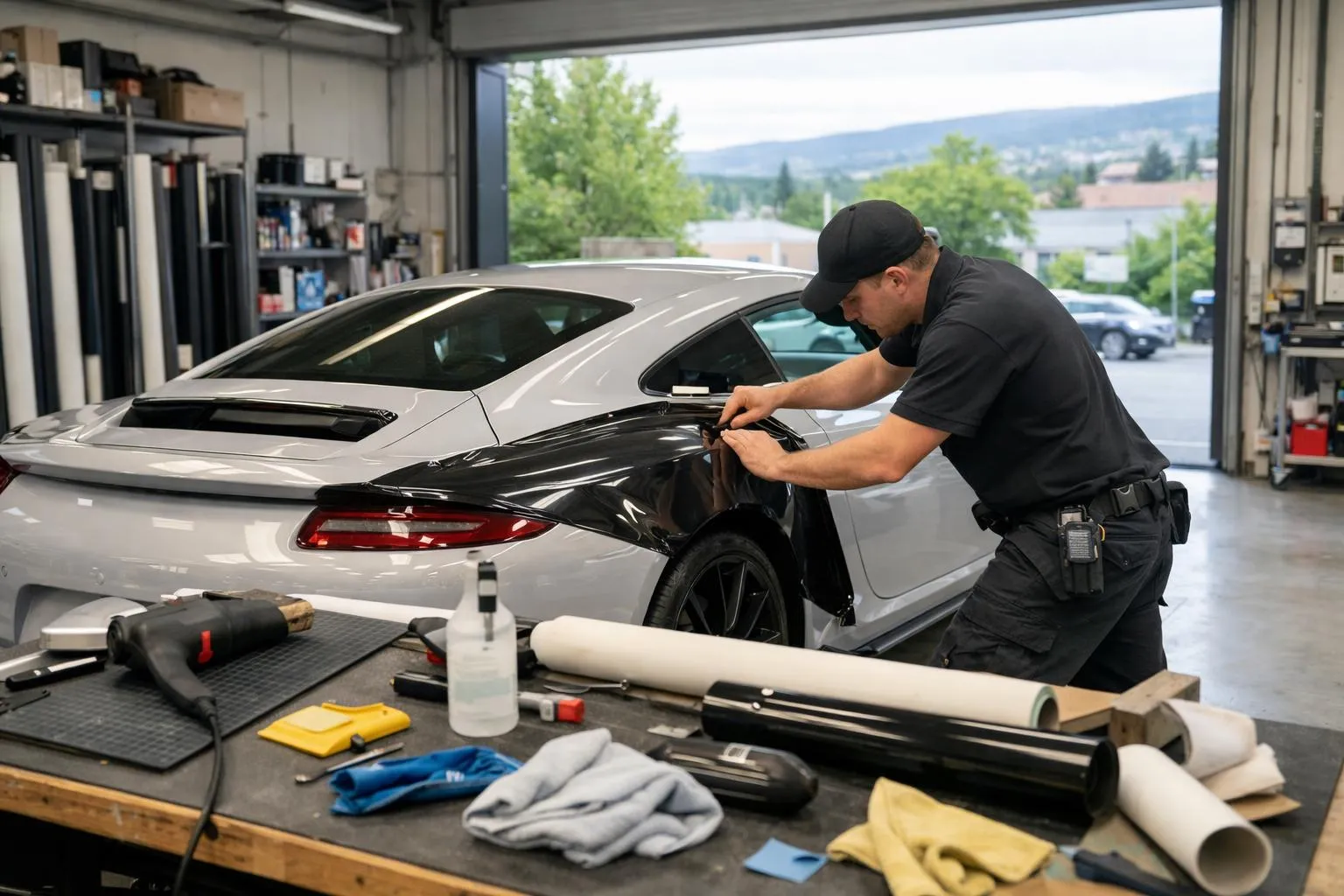 "Technicien appliquant film adhésif sur voiture à Lausanne, atelier spécialisé"