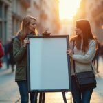 Femme comparant deux affiches publicitaires en milieu urbain, sélection efficace d'affiche.