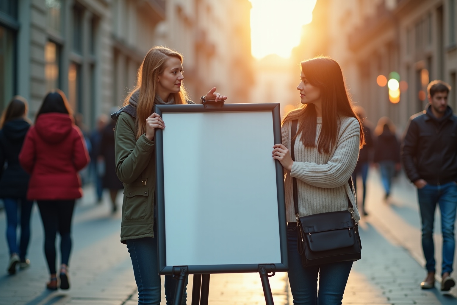 Femme comparant deux affiches publicitaires en milieu urbain, sélection efficace d'affiche.