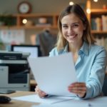 "Femme souriante tenant un document imprimé dans un bureau à Lausanne, matériel d'impression en arrière-plan."