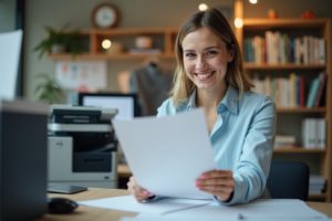 "Femme souriante tenant un document imprimé dans un bureau à Lausanne, matériel d'impression en arrière-plan."