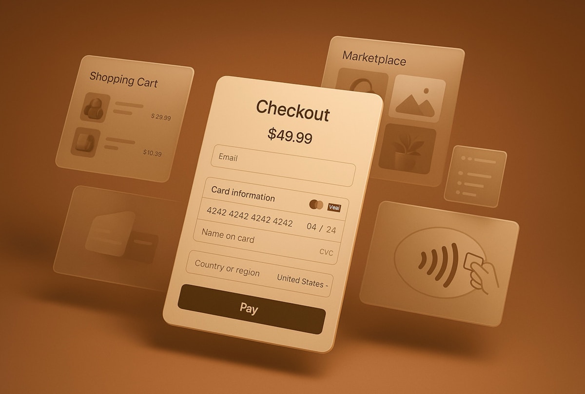 Écran de paiement en ligne avec panier d'achat et informations de carte de crédit.