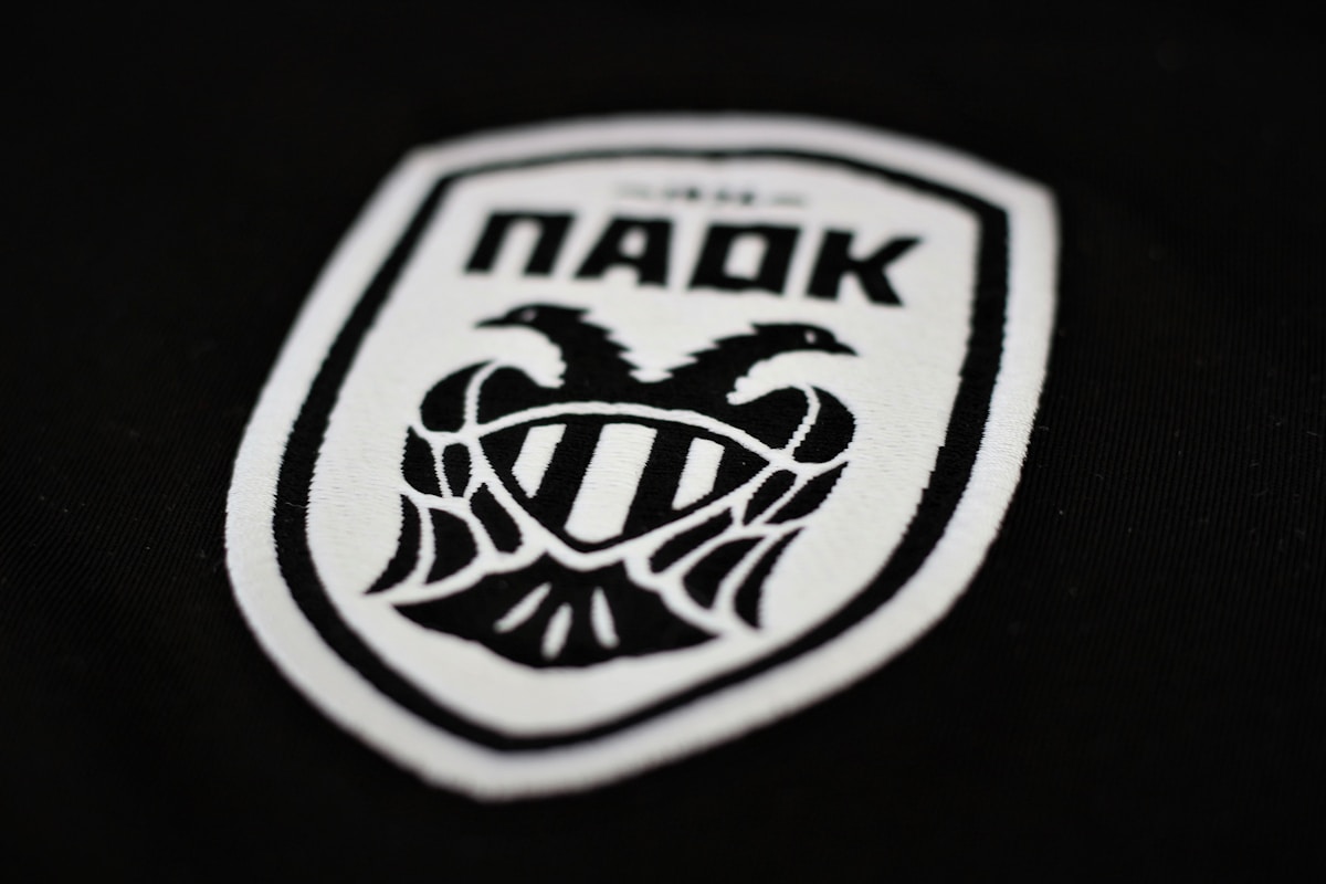 Emblème noir et blanc avec un dragon stylisé.