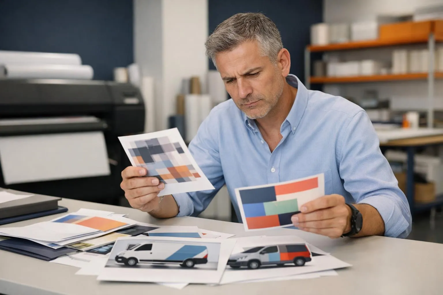 Homme d'affaires examinant des échantillons de conception graphique dans un bureau.
