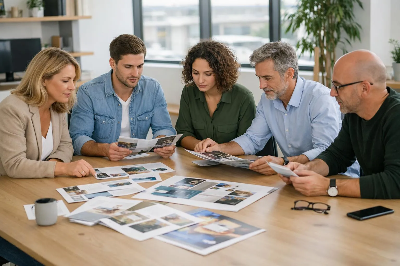 Groupe de personnes examinant des photographies sur une table de réunion.