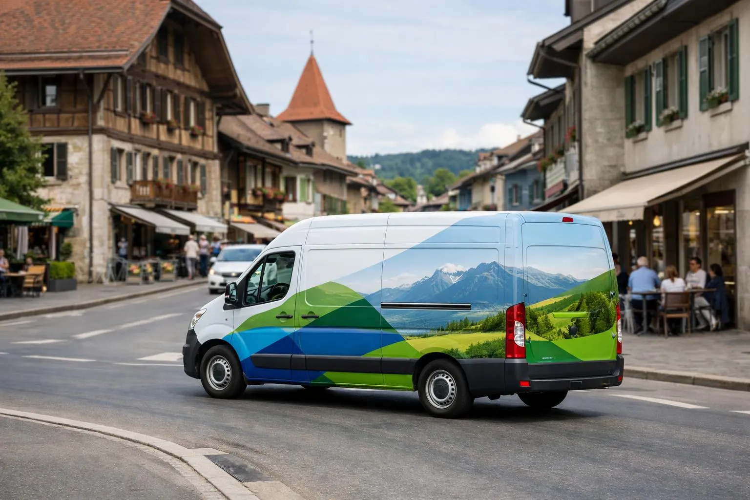 Van de livraison avec paysage montagneux peint sur les côtés.