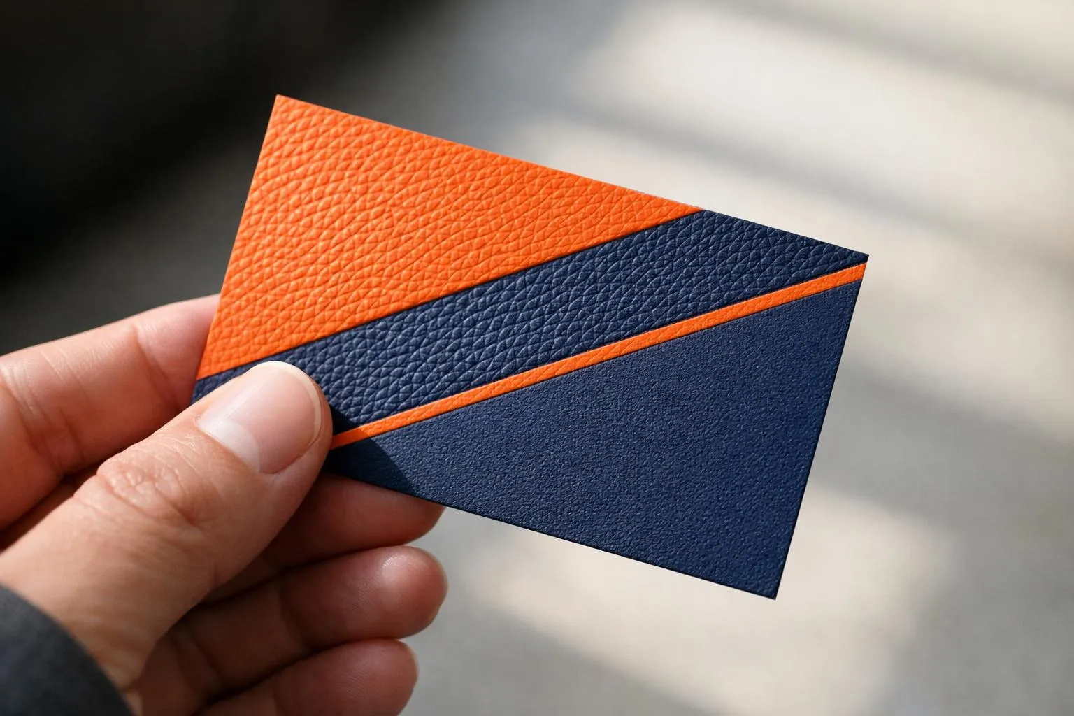 Carte de visite en cuir orange et bleu marine avec motif géométrique.