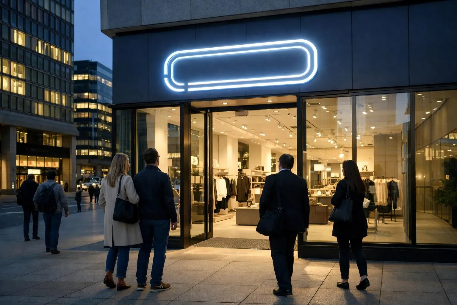 Vitrine éclairée d'un magasin de mode dans un quartier urbain la nuit.