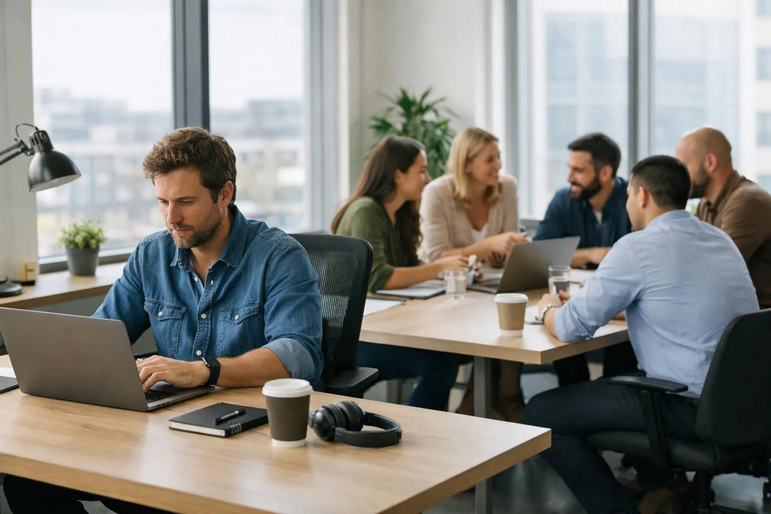 Groupe de personnes travaillant dans un bureau moderne avec ordinateurs portables.