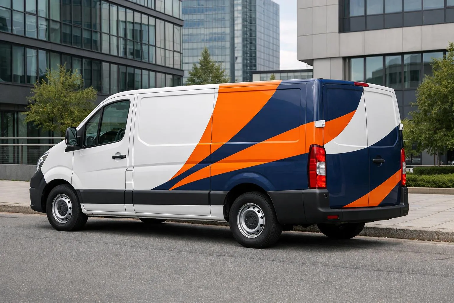 Fourgon de livraison blanc et bleu avec motif orange.