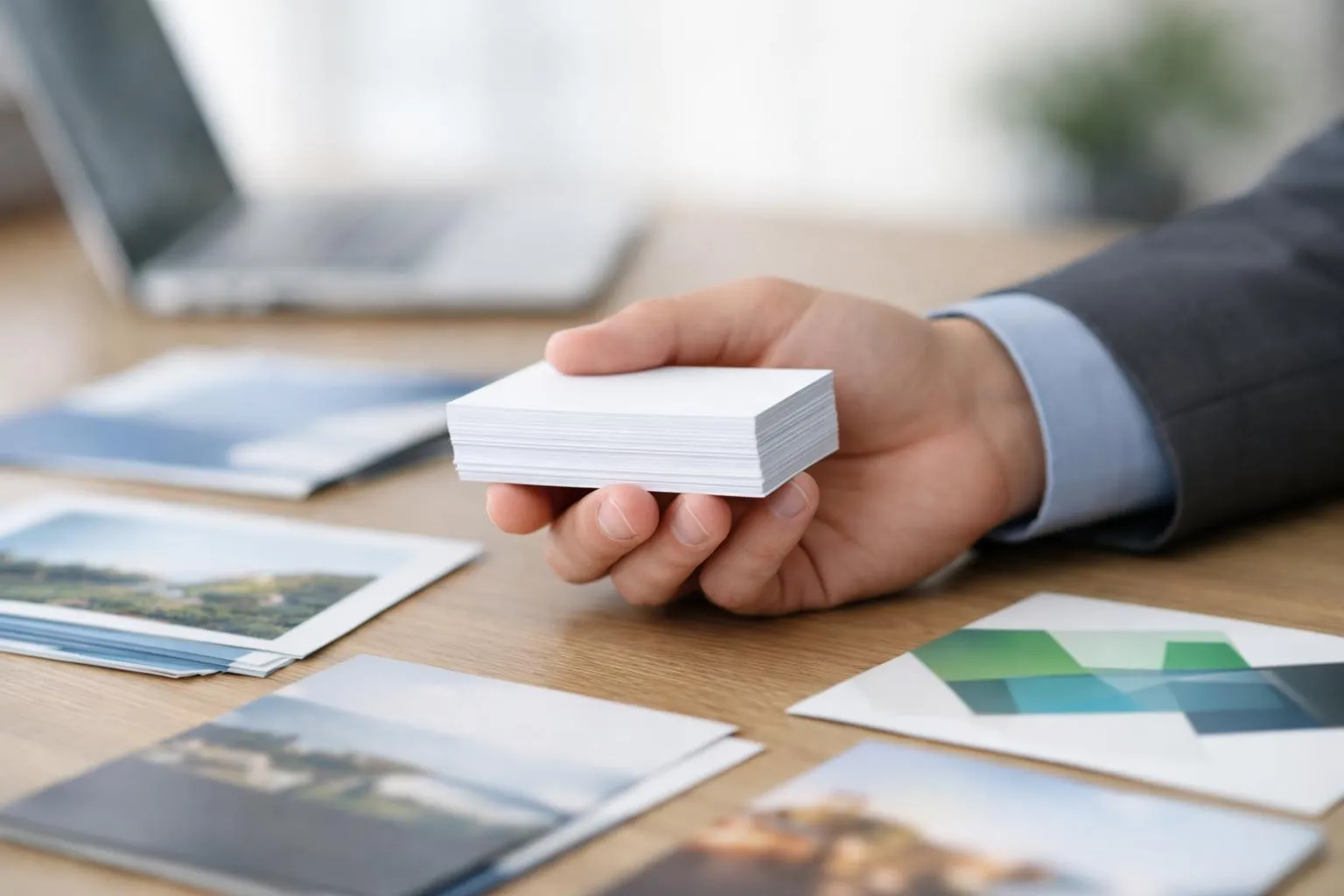 Mains tenant une pile de cartes de visite sur un bureau avec des photos.