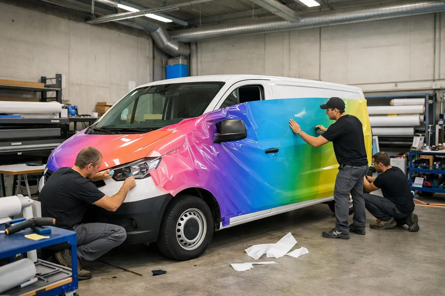 Camion de livraison multicolore en cours de personnalisation par des ouvriers.