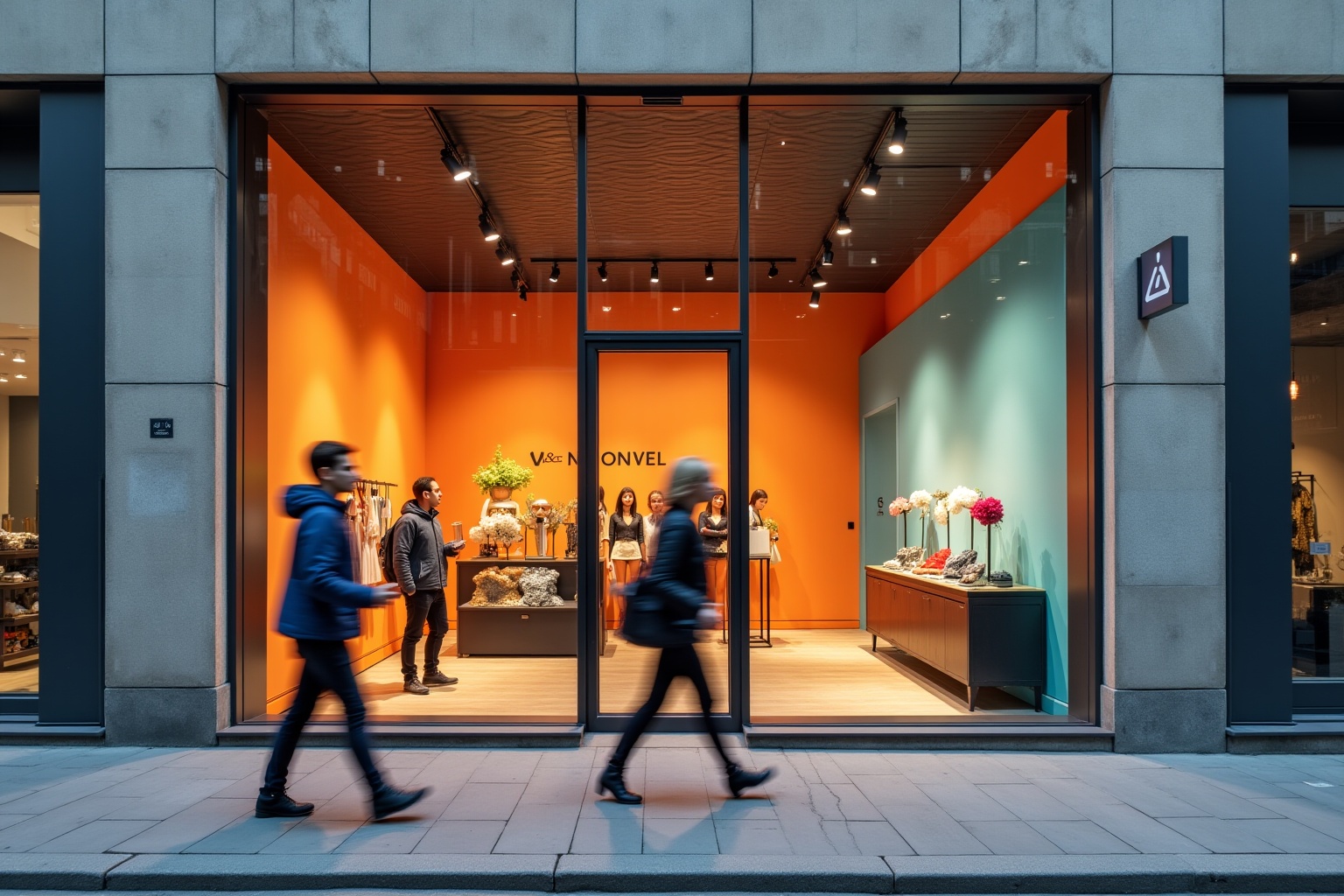 Vitrine d'un magasin de mode avec des clients en mouvement.