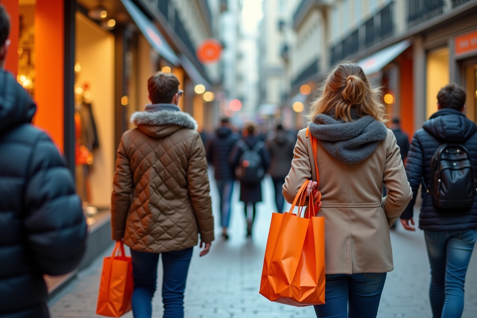 Personnes en manteaux marchant dans une rue commerçante avec sacs de magasinage.