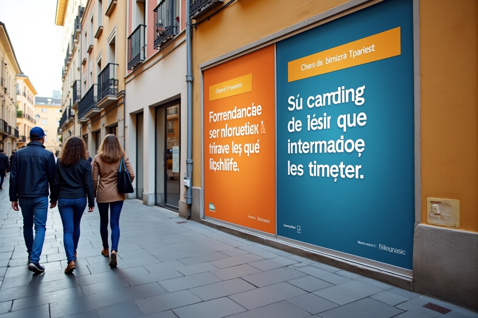 Rue animée avec affiches publicitaires et passants marchant.