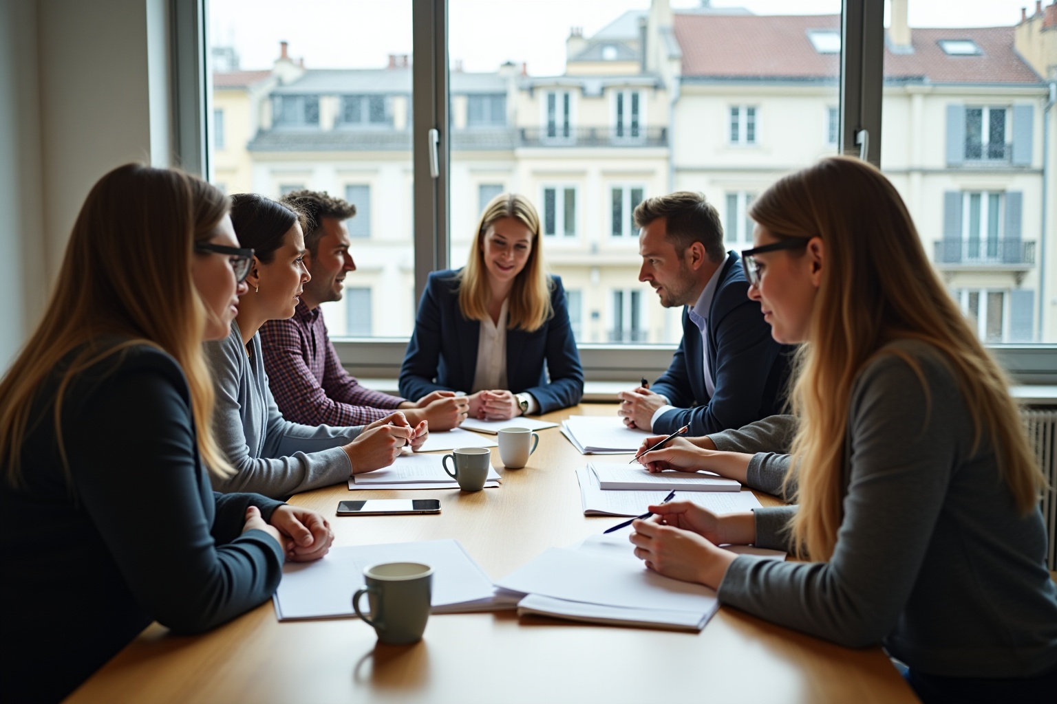 Groupe de professionnels en réunion autour d'une table de conférence.