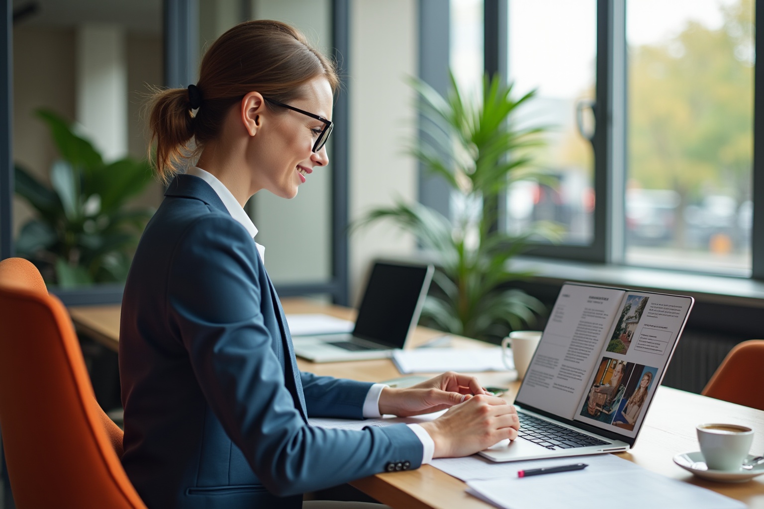 Femme d'affaires travaillant sur un ordinateur portable dans un bureau moderne.