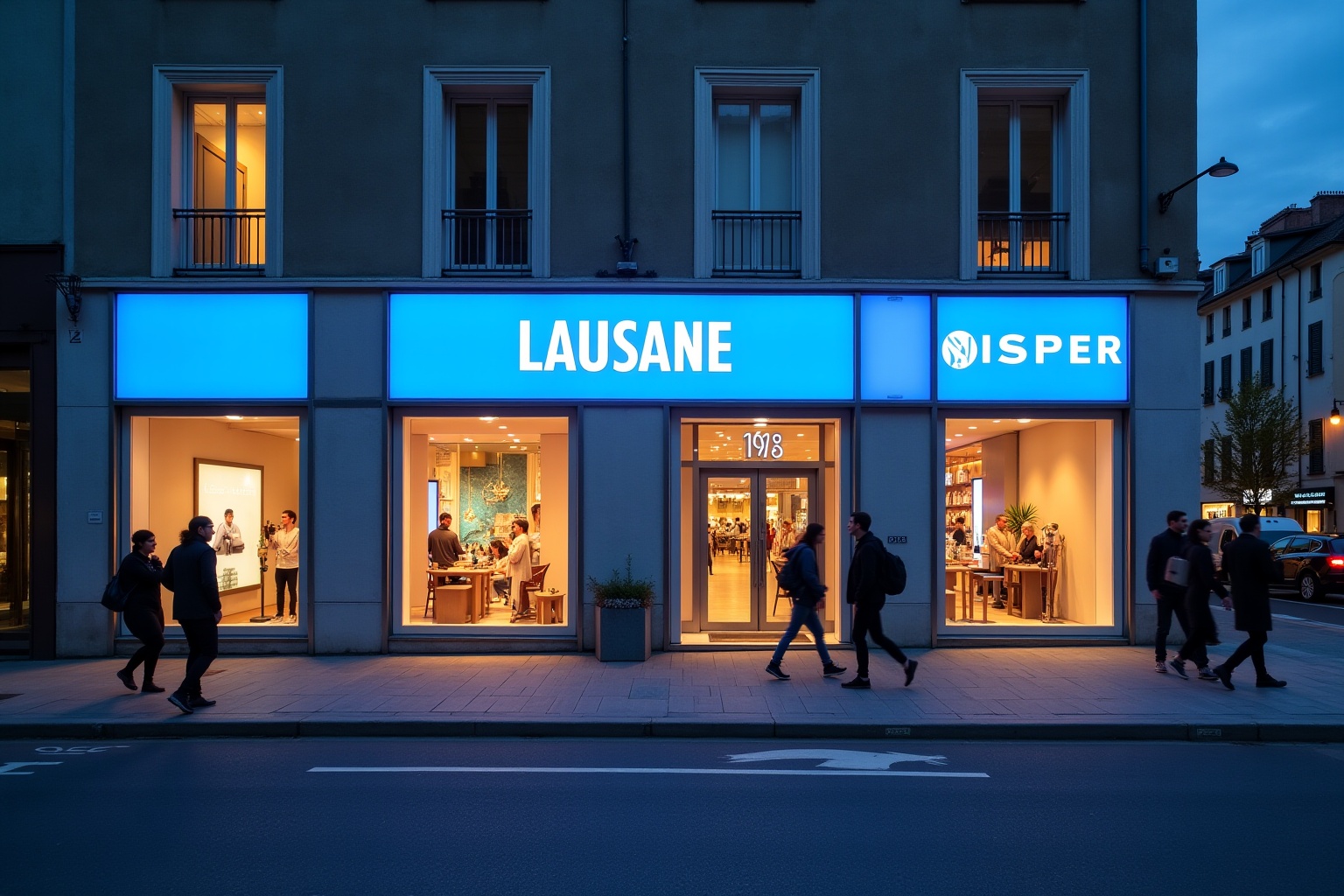 Façade illuminée d'un magasin Lausane avec des clients à l'intérieur.