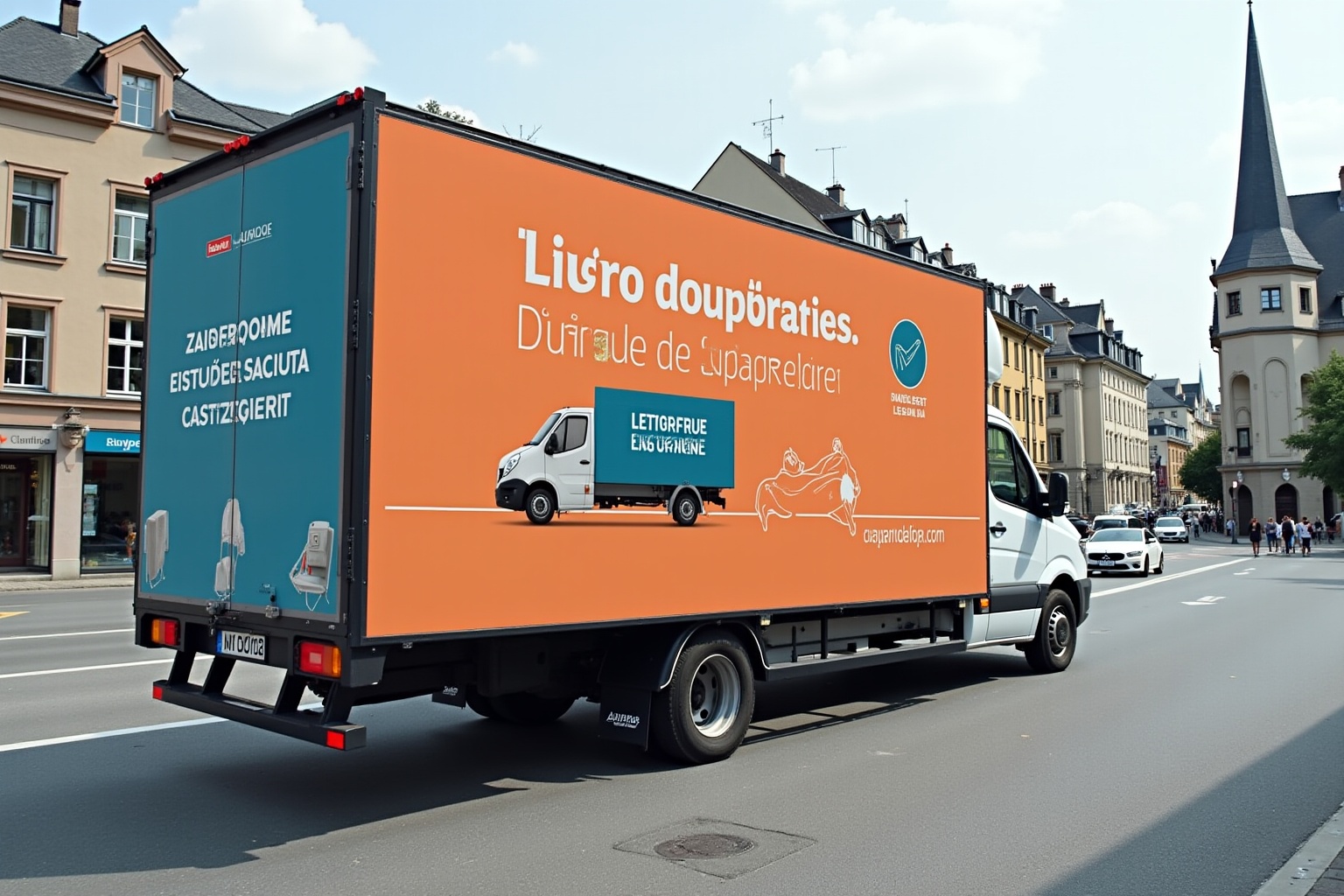 Camion de livraison orange avec publicité pour un service de livraison de colis.